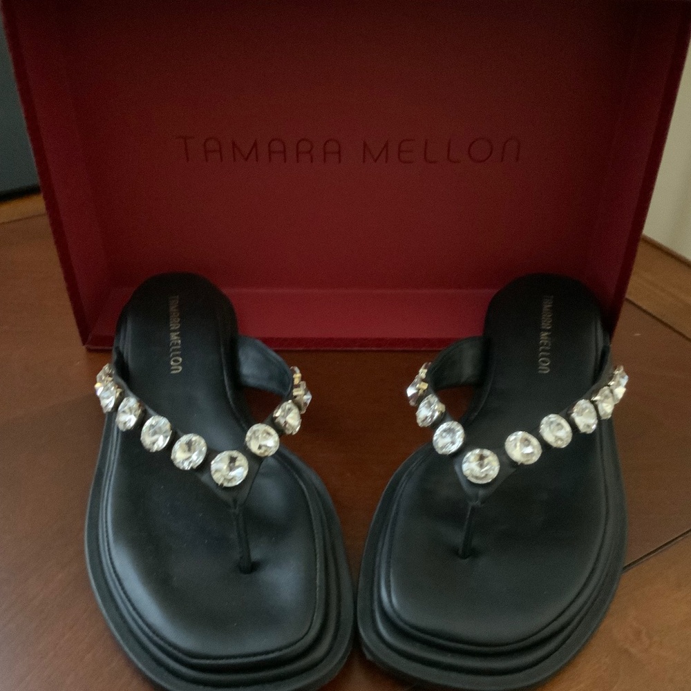 Tamara Mellon Cushion Black Sandals with large crystals on straps.